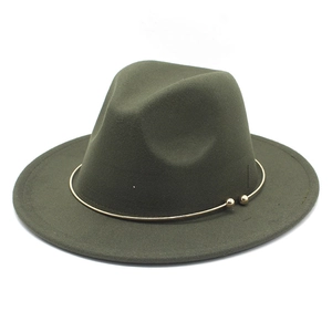 Detailed top view of olive green wool fedora with a thin gold metallic decorative band