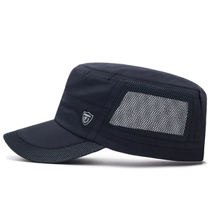 Navy blue quick-dry flat top military cap with breathable mesh and silver logo