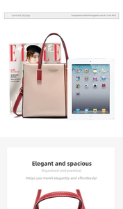 Contrast tote bag detail showing capacity fit for A4 magazines and 9.7-inch iPads