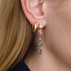 Chic 18K gold stainless steel asymmetric earrings with five-color vertical gemstones
