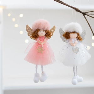 Close-up of plush angel dolls with mesh skirts and glitter wings for Christmas decor