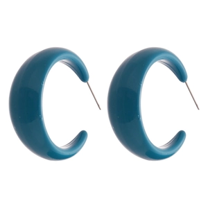 Deep teal acrylic C-shape hoop earrings with a glossy finish and silver-tone metal studs