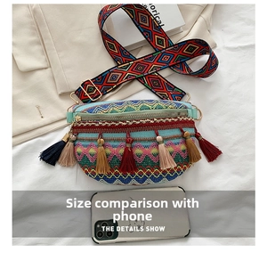 Detail of bohemian crossbody bag with colorful tassels, geometric patterns, and jacquard strap