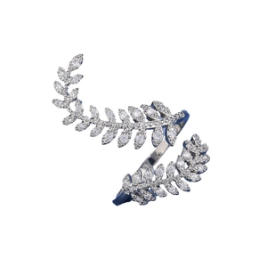 Silver leaf wrap ring for women with cubic zirconia stones in an adjustable open design