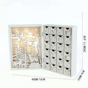 White wooden Christmas advent calendar with LED lights, flying deer and 24 drawers