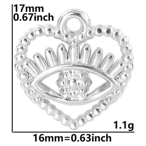 Detailed view of silver evil eye heart pendant with dimensions 17mm by 16mm