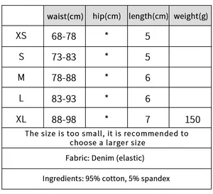 Größentabelle für hoch elastische Denim-Shorts mit Taillen- und Längenmaßen in Zentimetern