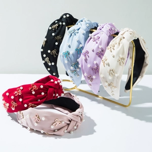 European Fabric Knotted Headband With Faux Artificial Pearl And Alloy Bow Sweet Fashion Hair Hoop For Women Hair Accessories