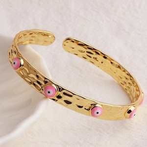 Bracciale rigido aperto placcato oro 18K con dettagli in smalto rosa malocchio design