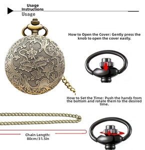 Vintage bronze pocket watch with floral texture, 80cm chain and time adjustment guide