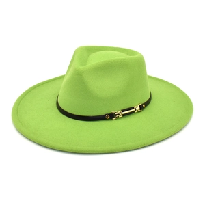 Detail of green wide brim wool fedora hat with black belt and golden metal buckle decor