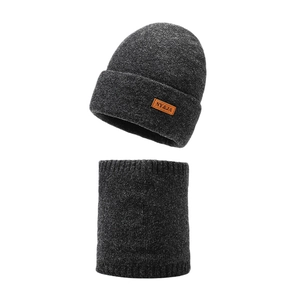 Winter dark grey knitted hat and neck warmer set with leather NY&JA logo patch