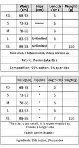 Tabella taglie per pantaloncini di jeans elastici con misure e composizione del tessuto