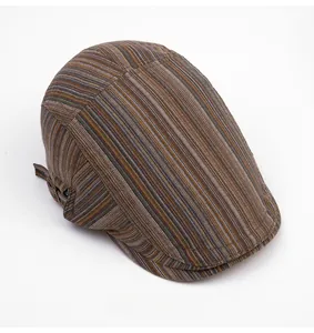 Above view of striped ivy cap showing textured fabric and side metal adjustment buckle