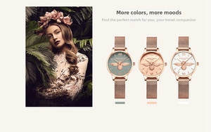 Détails d'une montre femme avec bracelet en maille et cadran abeille 3D en trois coloris