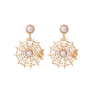 Golden spider web earrings with faux pearls and metal spider detail on white background