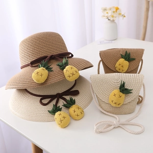 Détails de chapeau de paille et sac ananas pour enfants avec nœud et motifs fruits
