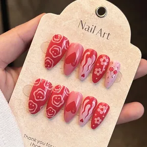 Y2K Red Heart Valentine's Day Press On Nails Almond Shape Cherry Pattern Glossy Fake Nails For Women Manicure Art