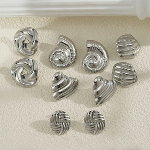 Polished silver 18k stainless steel hoop earrings set with twisted conch and geometric designs