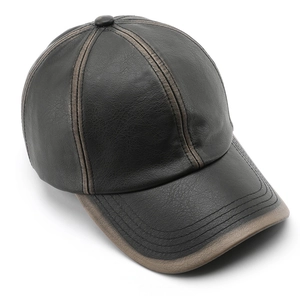 Casquette de baseball classique en cuir noir avec bordure marron et design à six panneaux