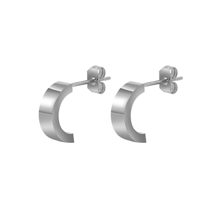 Minimalist silver C-shape stainless steel stud earrings with polished finish on white background