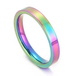 Minimalist 3mm rainbow stainless steel flat ring with a smooth polished finish for couples