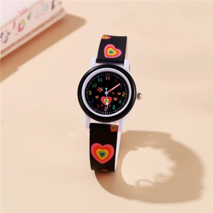Kids quartz watch with rainbow heart pattern on black silicone strap shown at 45-degree angle