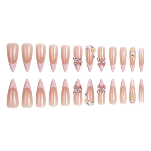 Long purple French press-on nails with 3D aurora bows and flowers 24pcs set