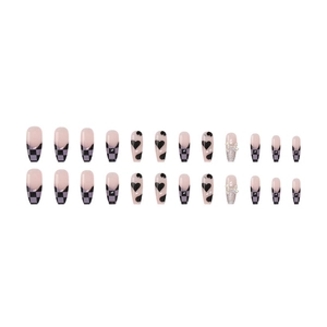 Long ballerina press-on nails with purple checkerboard and black heart designs