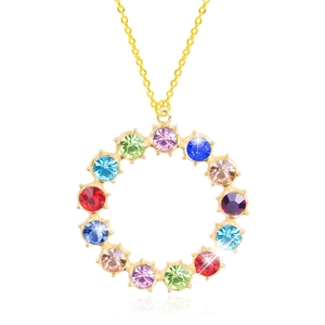 Detail showing high-polish gold plated ring pendant with multi-color cubic zirconia crystals