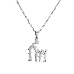 Silver stainless steel family silhouette necklace with mother and four children figures