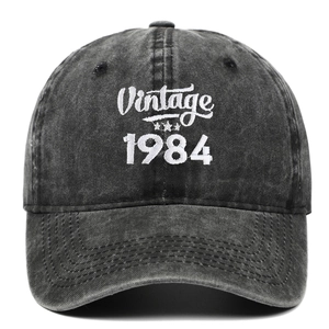 Vintage 1984 embroidered washed cotton baseball cap in charcoal gray with stars