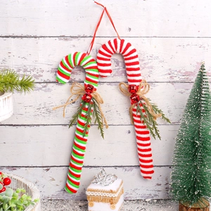 Christmas Candy Cane Ornaments Plush Knit Fabric With Burlap Bow Red Bells Pine For Xmas Tree Holiday Home Decor
