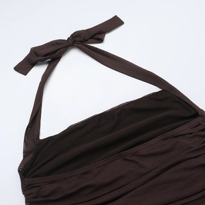 Close-up detail of dark brown halter neck strap with breathable mesh texture and ruching
