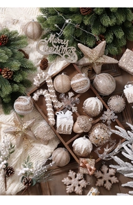 Champagne gold Christmas ornaments set in wood tray with sparkling glitters and beads