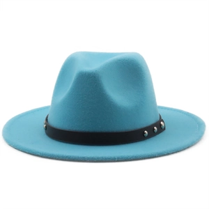 Detail of sky blue felt fedora hat featuring a black leather band and silver metal rivets