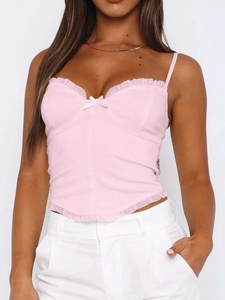 Pink Y2K camisole top with ruffle trim, bow detail and thin straps for summer style