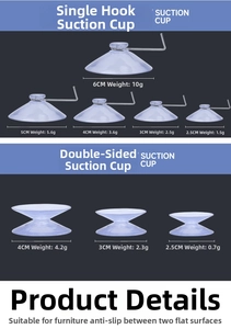 Size comparison chart for various transparent suction cups with metal hooks and double sides