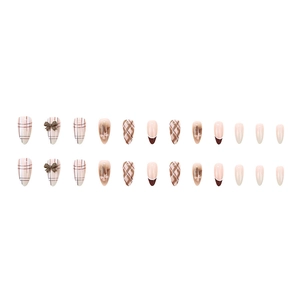 Faux ongles courts amande 24 pièces avec motif à carreaux marron et nœud 3D