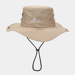 Khaki outdoor sun hat with mountain embroidery and adjustable black windproof chin strap
