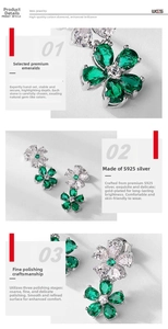 Macro detail of S925 silver flower stud earrings with pear-cut emerald and carbon diamond