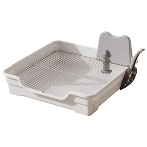 Large stainless steel dog potty with high fence and plastic tray including cleaning scoop