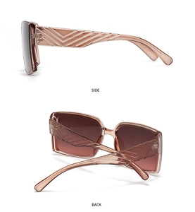 Detailed side view of champagne translucent sunglasses with textured V-pattern temples