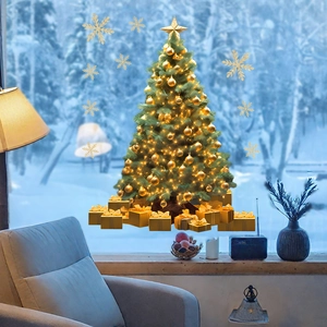 Weihnachtsbaum-Fensteraufkleber mit goldenen Kugeln und Geschenken für festliche Deko