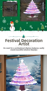Detailed view of pink Christmas tree window stickers with a snowman and snowflake accents
