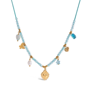 Collana in acciaio al titanio con perline blu, ciondolo a cuore e perle bianche boho