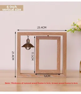 Detail of wooden rotating photo frame with a mini woven lampshade pendant and wood texture