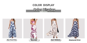 Detail view of four floral and geometric print patterns for bohemian sleeveless maxi dresses
