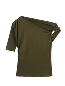 Detailed view of olive green asymmetric off-shoulder top with golden metal buckle decoration