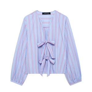 Women's 2025 casual striped shirt with bow-tie V-neck and cuffed long sleeves